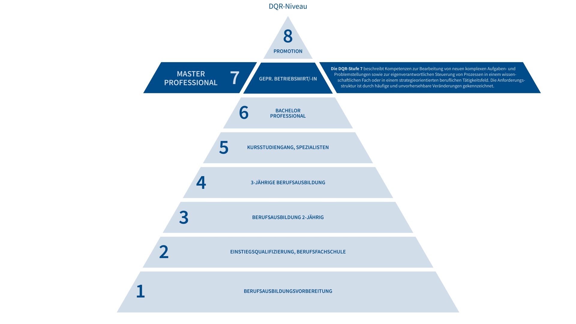 Grafik des Deutschen Qualifikationsrahmens (DQR) in Form einer Pyramide mit acht Niveaustufen – zeigt den Abschluss „Master Professional“ auf Stufe 7 und veranschaulicht die Einordnung beruflicher Qualifikationen auf Master-Niveau.