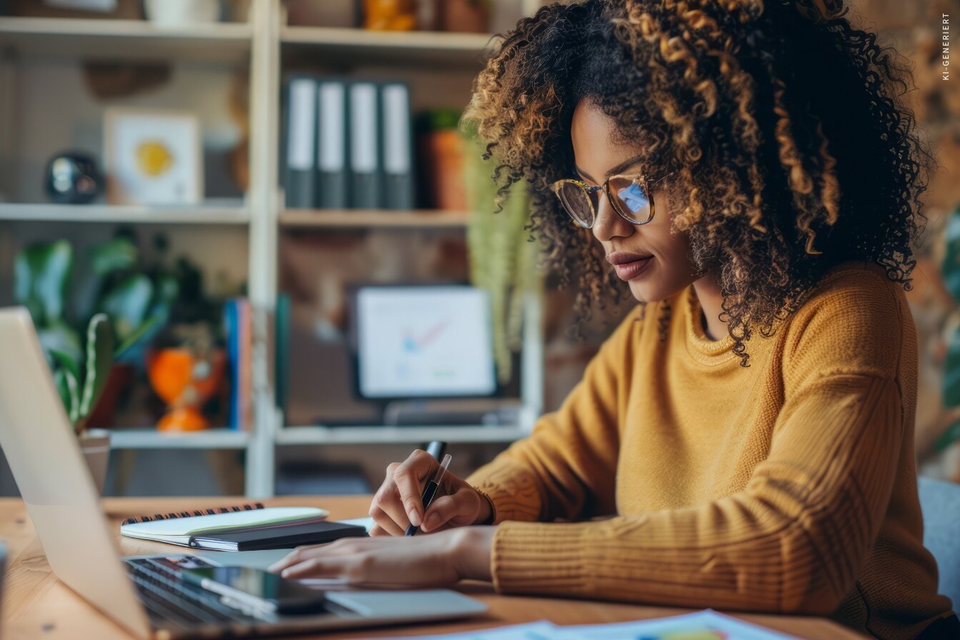 Eine Frau arbeitet konzentriert am Laptop und macht sich nebenbei handschriftliche Notizen.