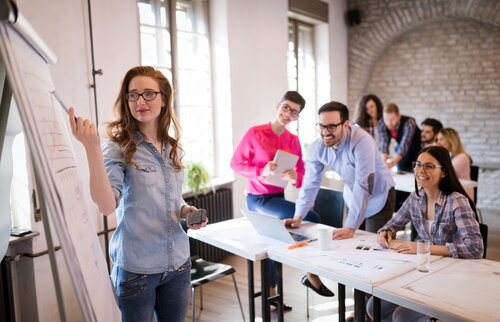 Eine Frau präsentiert am Flipchart, während mehrere Personen aufmerksam und gut gelaunt an Tischen mitarbeiten.