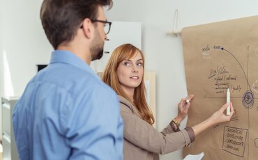 Zwei Trainer/-innen arbeiten gemeinsam an einem Flipchart und entwickeln ein Weiterbildungskonzept