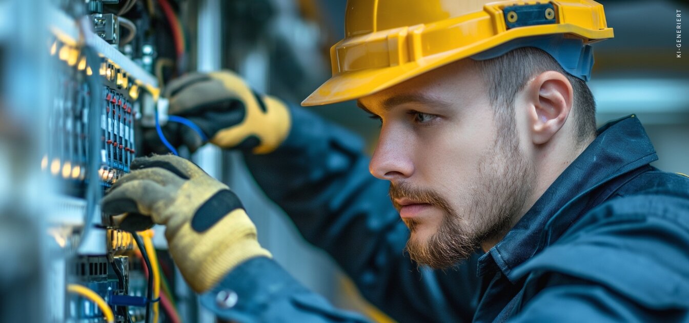 Ein Techniker arbeitet konzentriert an einem Schaltschrank und prüft elektrische Verbindungen.