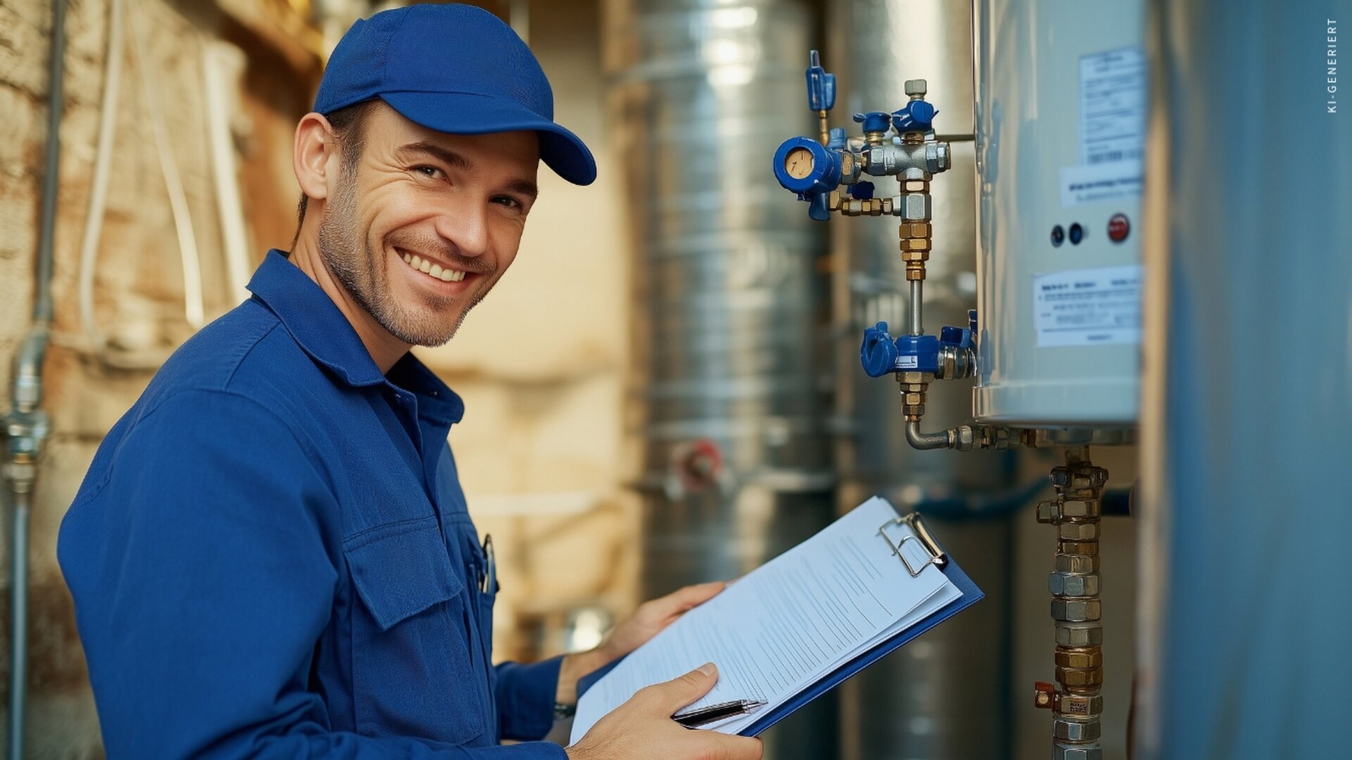 Ein Techniker prüft gut gelaunt eine Anlage und dokumentiert seine Messwerte.