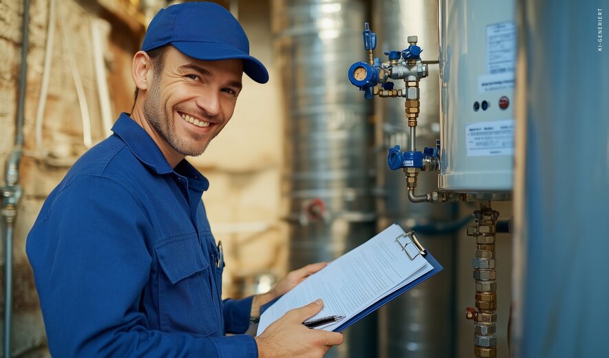 Ein Techniker prüft gut gelaunt eine Anlage und dokumentiert seine Messwerte.
