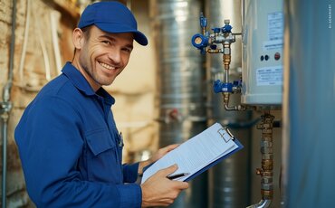 Techniker im blauen Arbeitsanzug prüft Anlagen und hält ein Klemmbrett – Weiterbildung zur Elektrofachkraft Industrie IHK