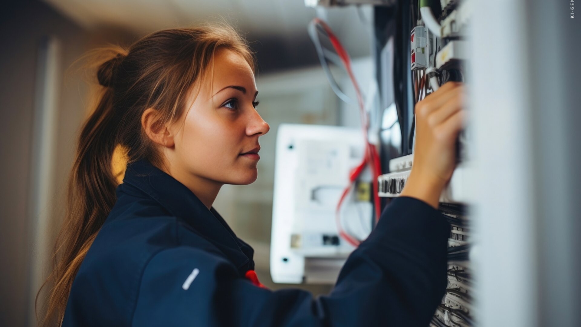 Eine Technikerin überprüft konzentriert die Anschlüsse in einem Schaltschrank.