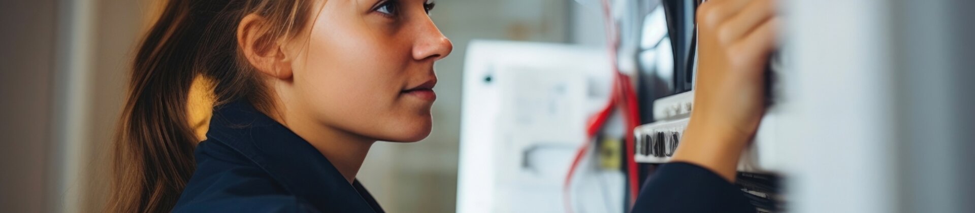 Eine Technikerin überprüft konzentriert die Anschlüsse in einem Schaltschrank.