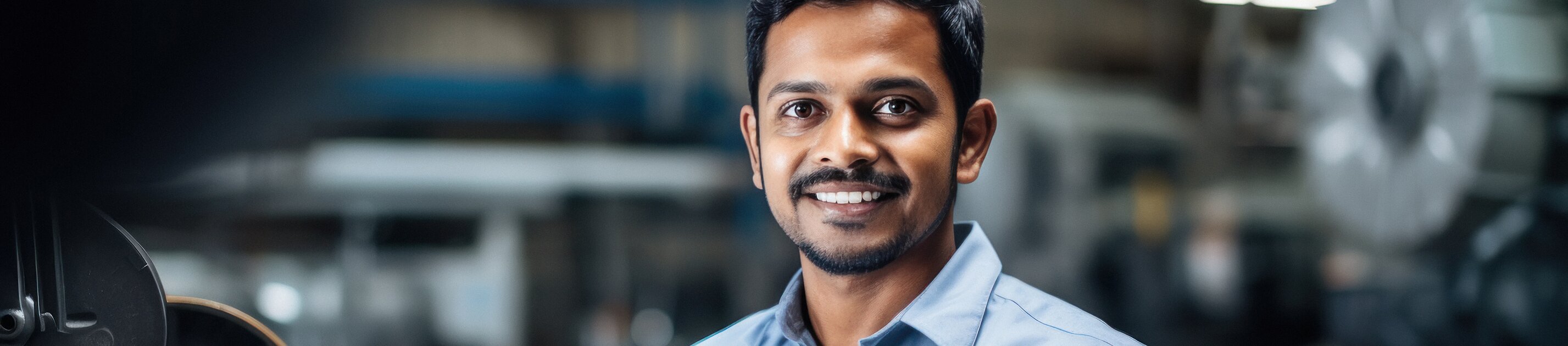 Ein Mitarbeiter in der Produktion überprüft gut gelaunt Unterlagen an einer Maschine.