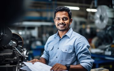 Zwei Männer besprechen technische Unterlagen in einer modernen Werkhalle – Symbolbild für technische Weiterbildungen an der IHK Akademie Weilheim