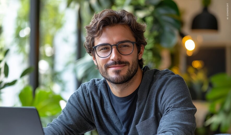 Ein junger Mann arbeitet konzentriert und gut gelaunt an seinem Laptop in einer modernen, grünen Arbeitsumgebung.