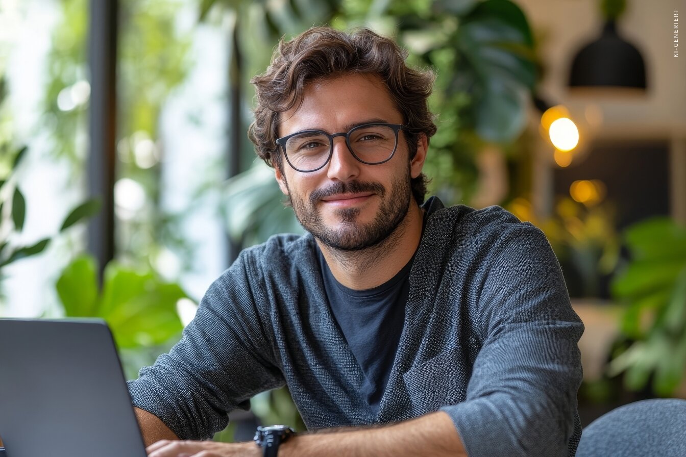 Ein junger Mann arbeitet konzentriert und gut gelaunt an seinem Laptop in einer modernen, grünen Arbeitsumgebung.