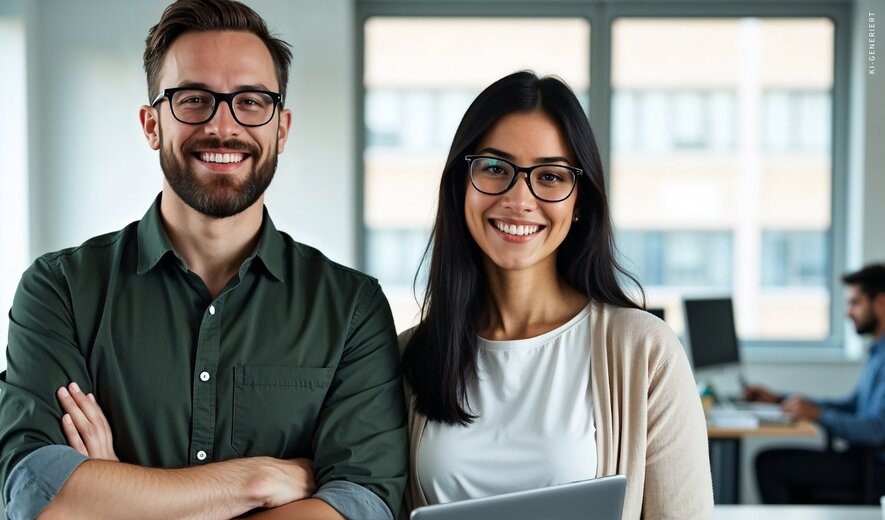 Zwei gut gelaunte Kolleg/-innen stehen gemeinsam im Büro und blicken selbstbewusst in die Kamera.