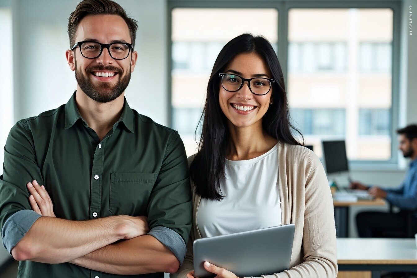 Zwei gut gelaunte Kolleg/-innen stehen gemeinsam im Büro und blicken selbstbewusst in die Kamera.