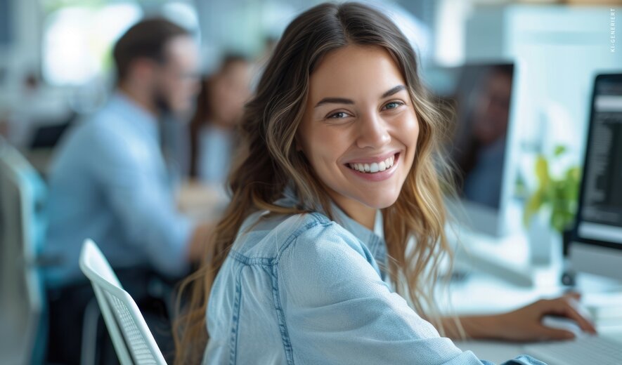Die Person auf dem Bild sitzt an einem Arbeitsplatz vor dem Computer und lächelt freundlich in die Kamera.