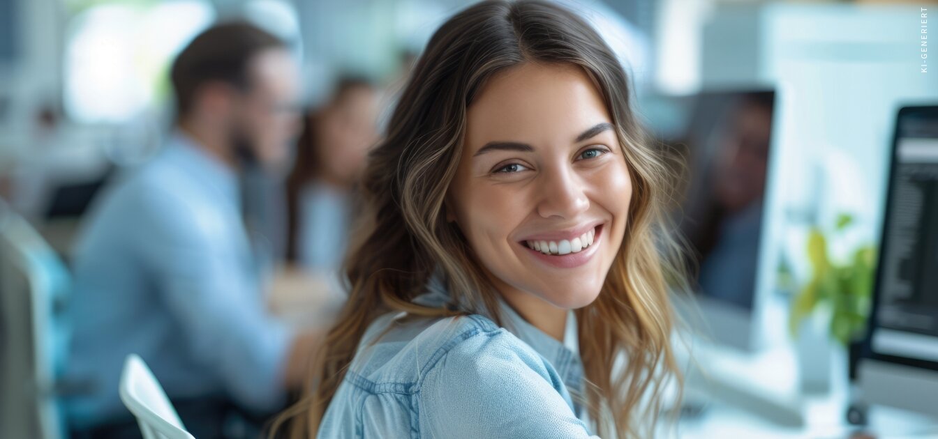 Die Person auf dem Bild sitzt an einem Arbeitsplatz vor dem Computer und lächelt freundlich in die Kamera.