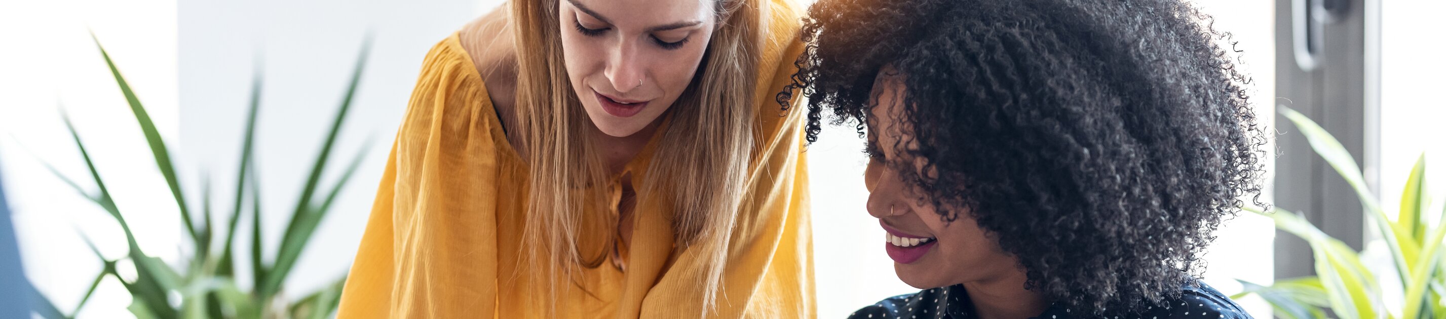 Zwei Kolleginnen arbeiten konzentriert gemeinsam an einem Projekt und tauschen sich dabei über Ideen und Inhalte aus.
