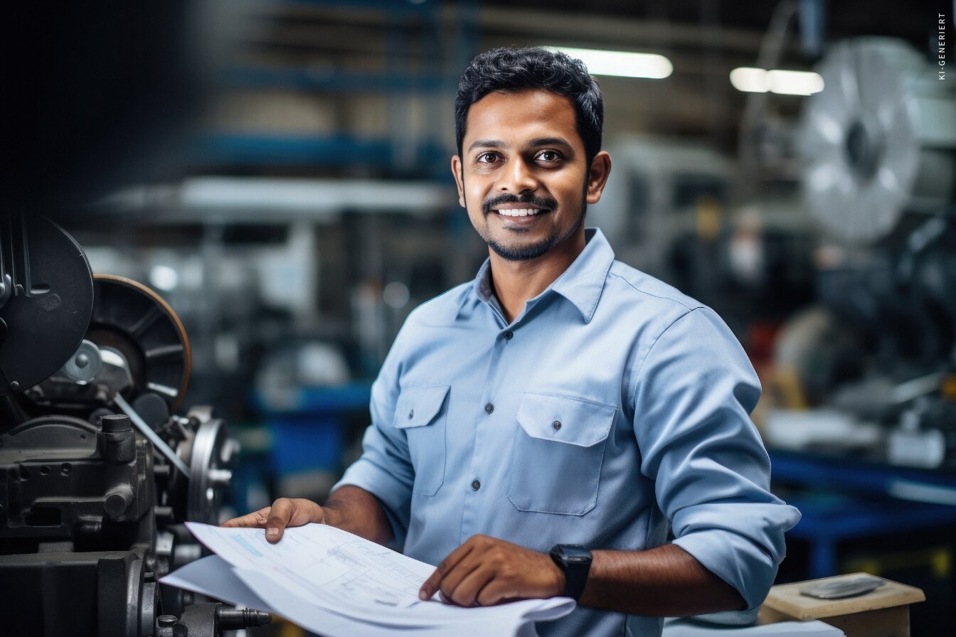 Mitarbeiter in moderner Produktionshalle lächelt in die Kamera – steht für mehr Verantwortung und bessere Verdienstmöglichkeiten nach der Weiterbildung zum Industriemeister Elektrotechnik.