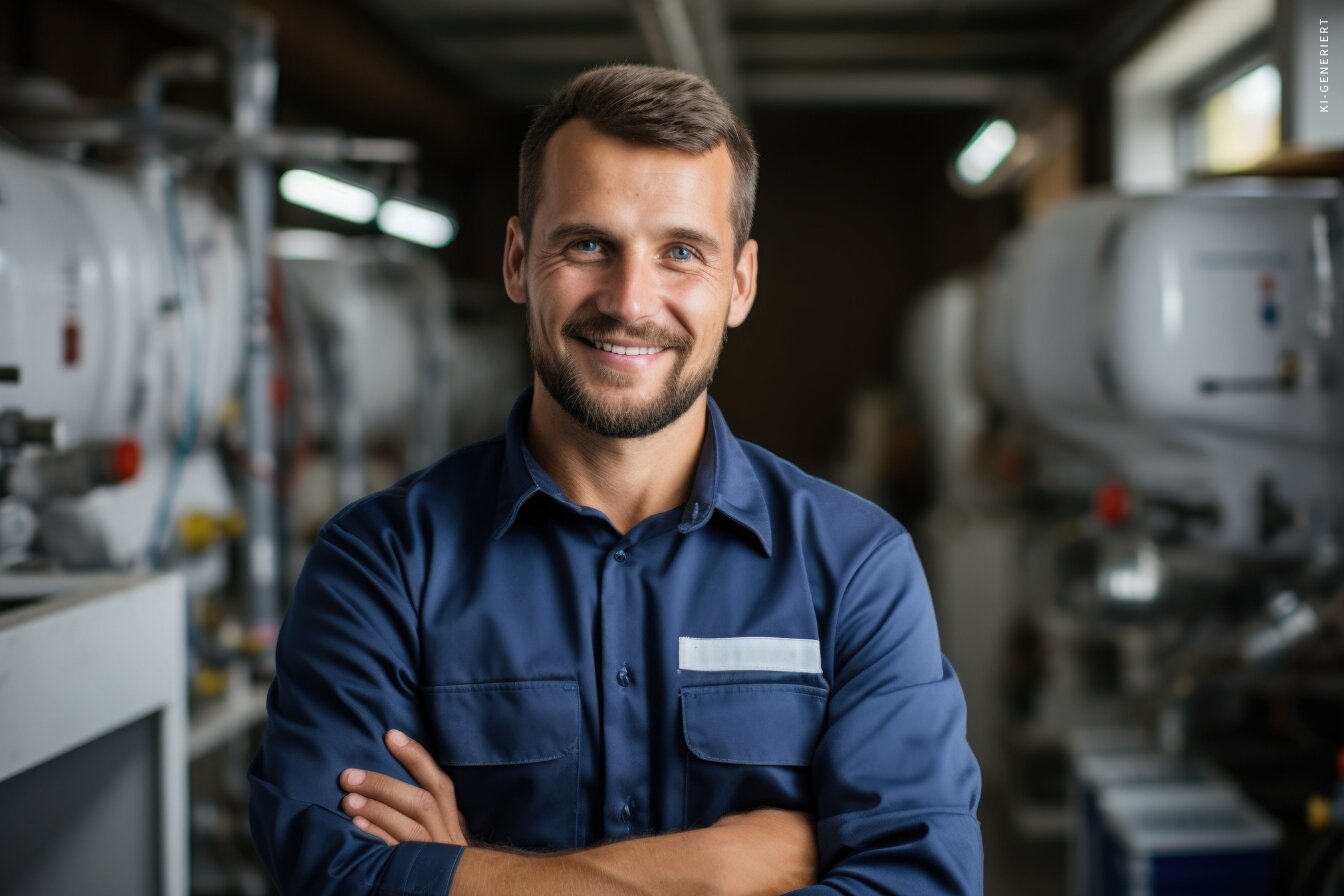 Industriemeister Elektrotechnik in Produktionshalle – steht selbstbewusst vor elektrischen Anlagen und symbolisiert Fachwissen, Führungskompetenz und Verantwortung in der Industrie