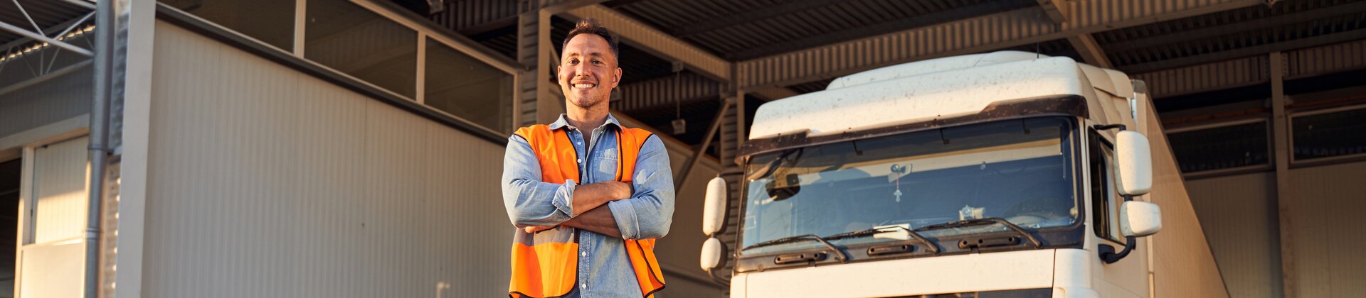 LKW-Fahrer in Warnweste steht lächelnd vor seinem Lastwagen am Verladeterminal