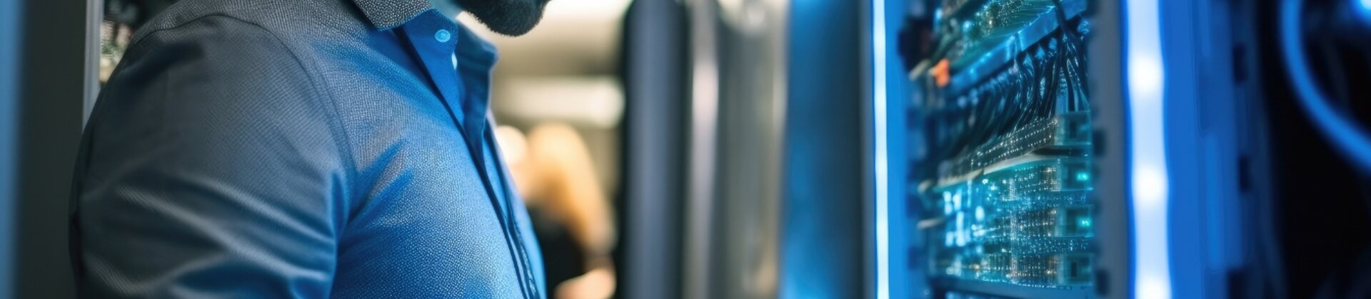 IT-Techniker überprüft Serverhardware im Rechenzentrum mit Tablet