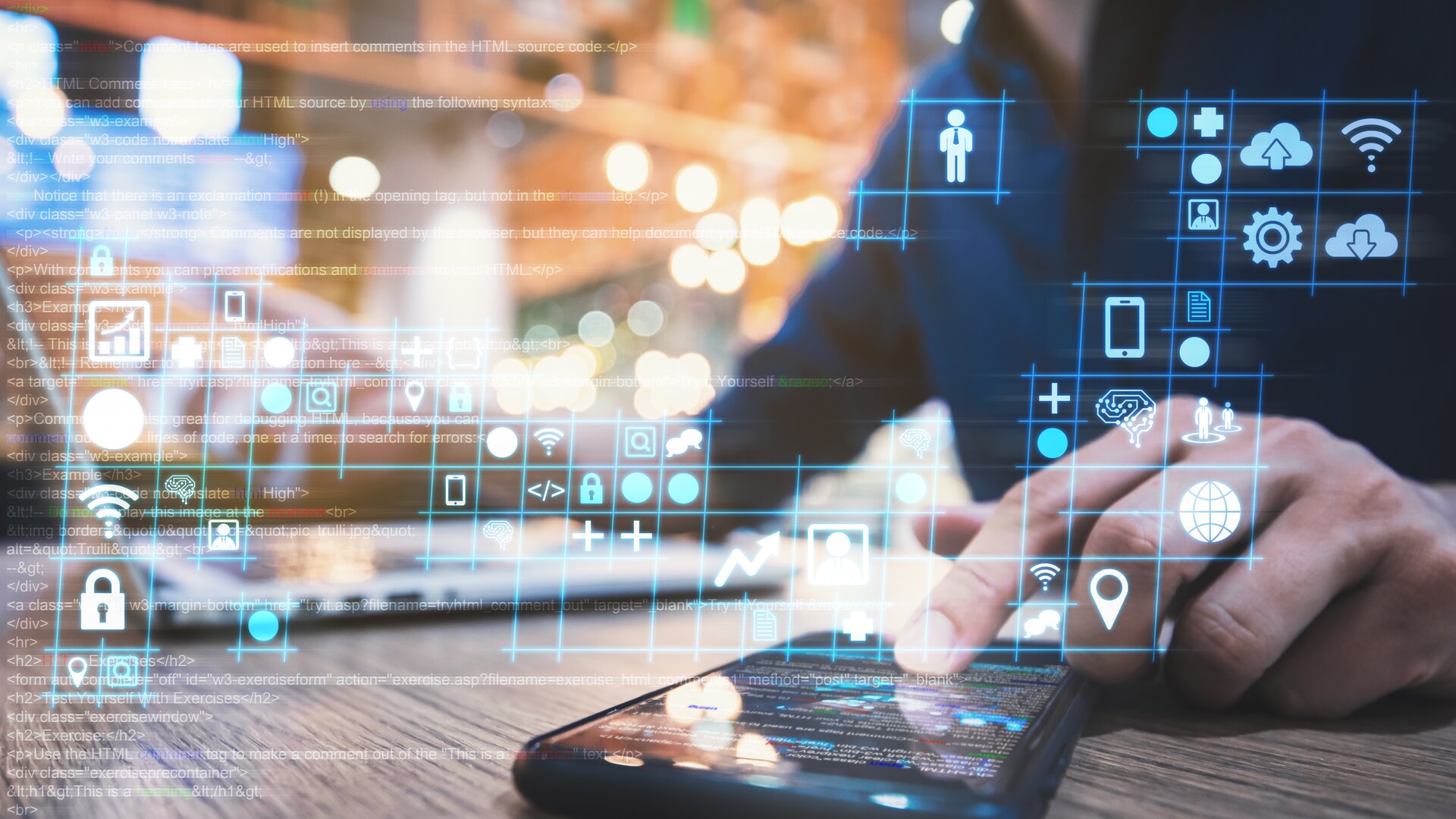 Person nutzt Smartphone und digitale Schnittstellen – Konzept von moderner Technologie, Datenvernetzung und digitaler Transformation.