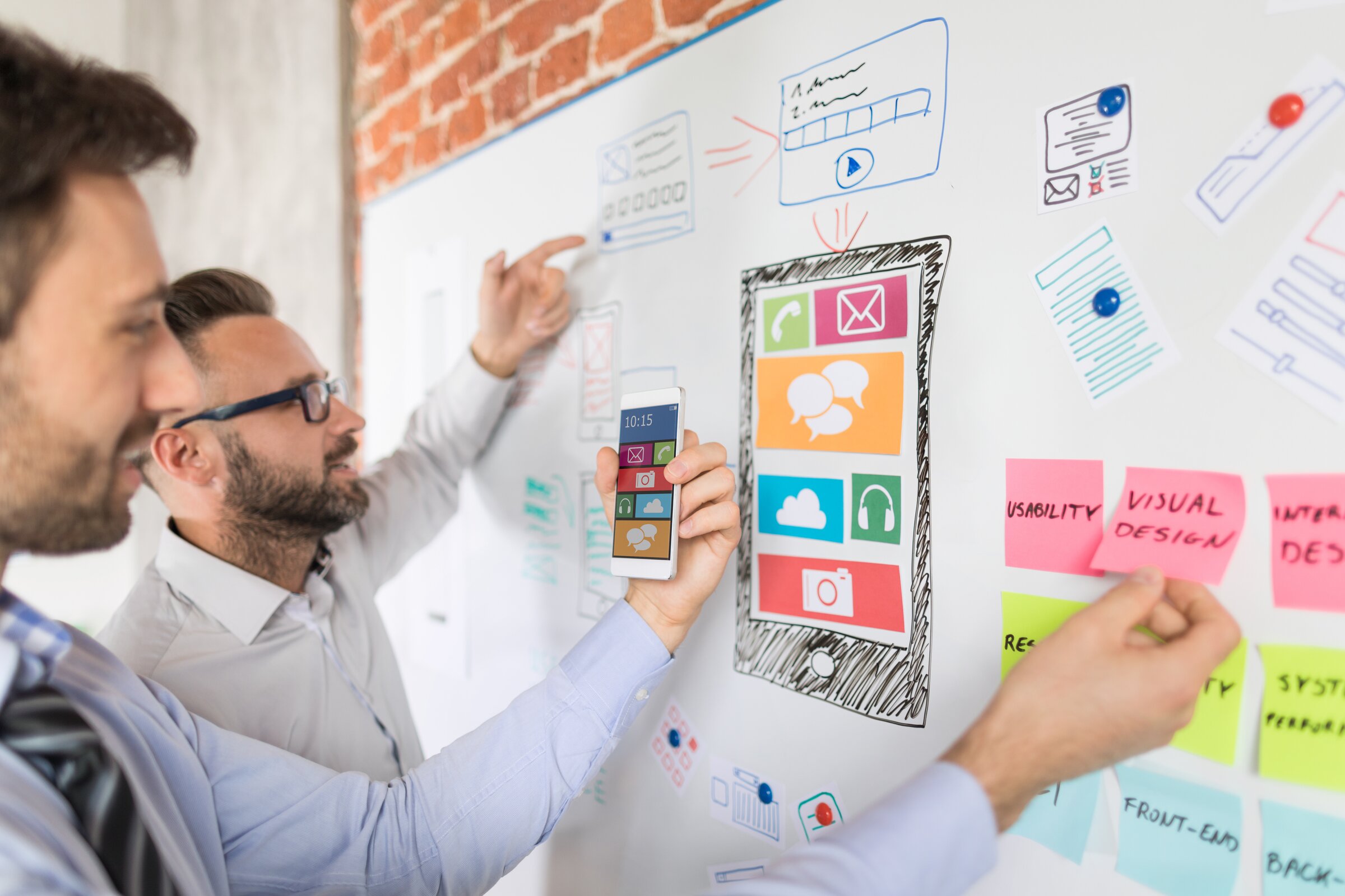 Mitarbeitende entwickeln gemeinsam eine Social-Media-Strategie am Whiteboard.
