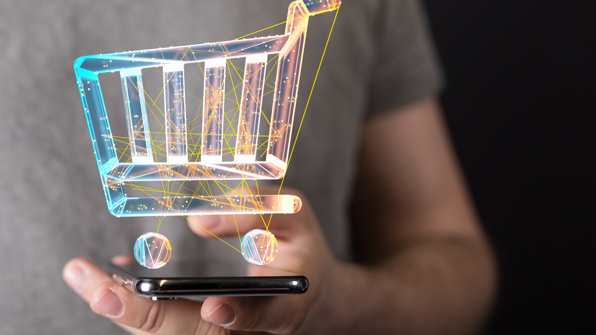 Ein modernes, symbolstarkes Bild, das den digitalen Einkaufsprozess und die Bedeutung innovativer Online-Marketing-Strategien perfekt visualisiert.