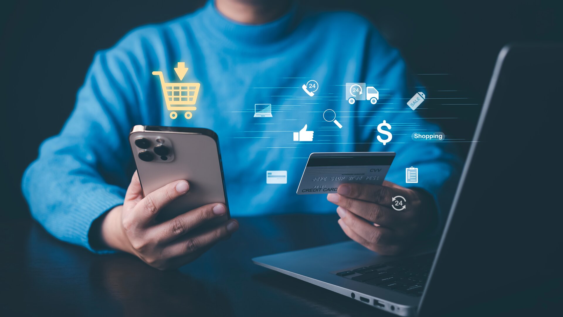 Ein aussagekräftiges Bild, das modernes Online-Shopping zeigt – vom Smartphone über die Kreditkarte bis hin zu digitalen Einkaufssymbolen.