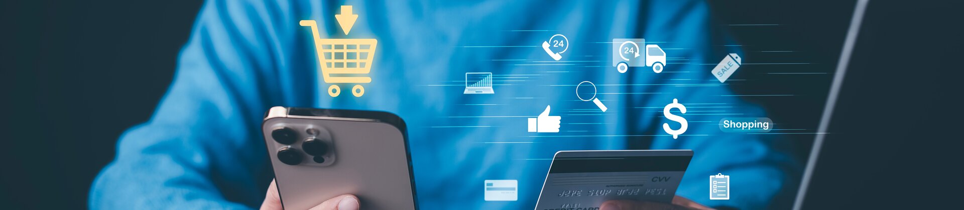 Ein aussagekräftiges Bild, das modernes Online-Shopping zeigt – vom Smartphone über die Kreditkarte bis hin zu digitalen Einkaufssymbolen.