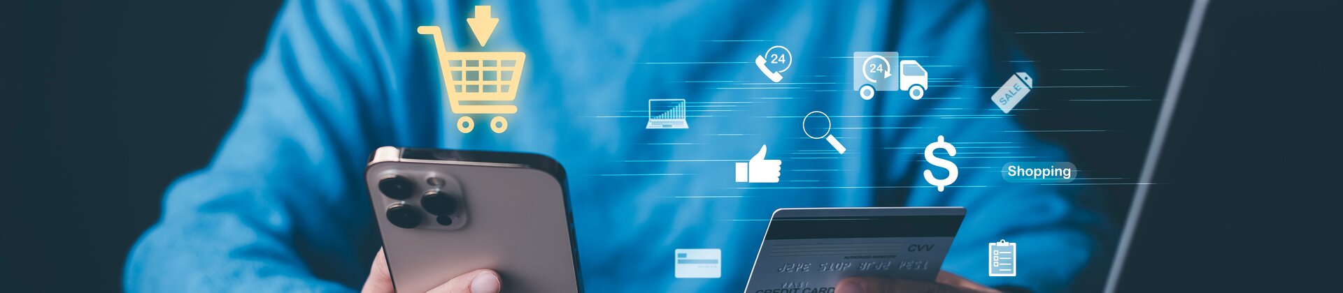 Ein aussagekräftiges Bild, das modernes Online-Shopping zeigt – vom Smartphone über die Kreditkarte bis hin zu digitalen Einkaufssymbolen.