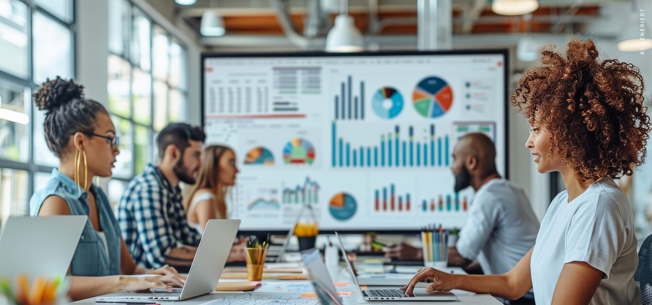 Teammeeting im modernen Büro mit Laptops, große Daten- und Diagrammvisualisierung auf Bildschirm im Hintergrund