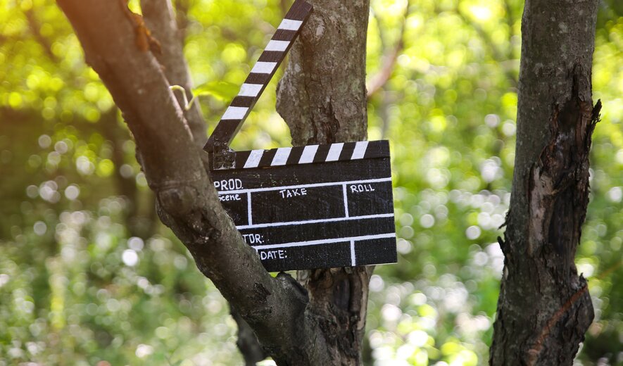 Filmklappe hängt zwischen Baumstämmen im Wald