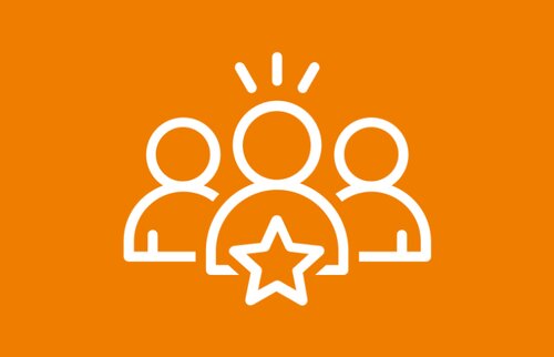 Symbol für Team und Erfolg: Personengruppe mit Stern auf orangefarbenem Hintergrund.