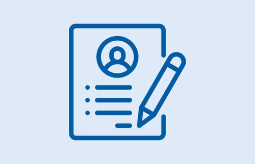 Symbol für Anmeldung: Formular mit Benutzerprofil und Stift auf hellblauem Hintergrund.