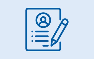 Symbol für Anmeldung: Formular mit Benutzerprofil und Stift auf hellblauem Hintergrund.