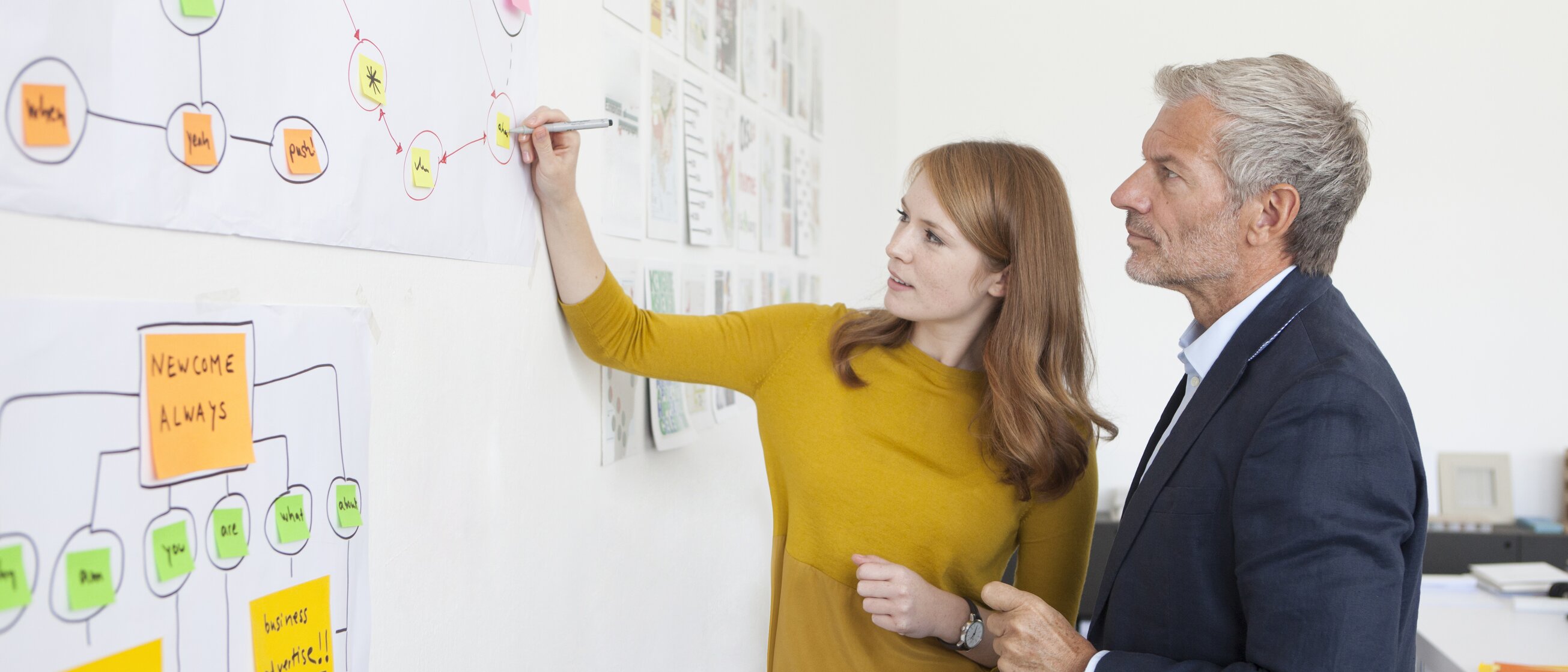 Weiterbildung im Projektmanagement: Eine Dame zeichnet etwas auf einer großen Projektmanagement-Chart. Ein Mann steht daneben und schaut zu. 