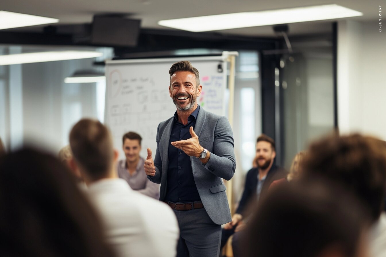 Redner begeistert Publikum in einem Seminarraum – Rhetoriktraining für sicheres, überzeugendes Auftreten und wirkungsvolle Kommunikation.