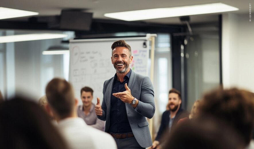 Business-Trainer hält motivierenden Vortrag vor einer Gruppe Teilnehmender im Seminarraum