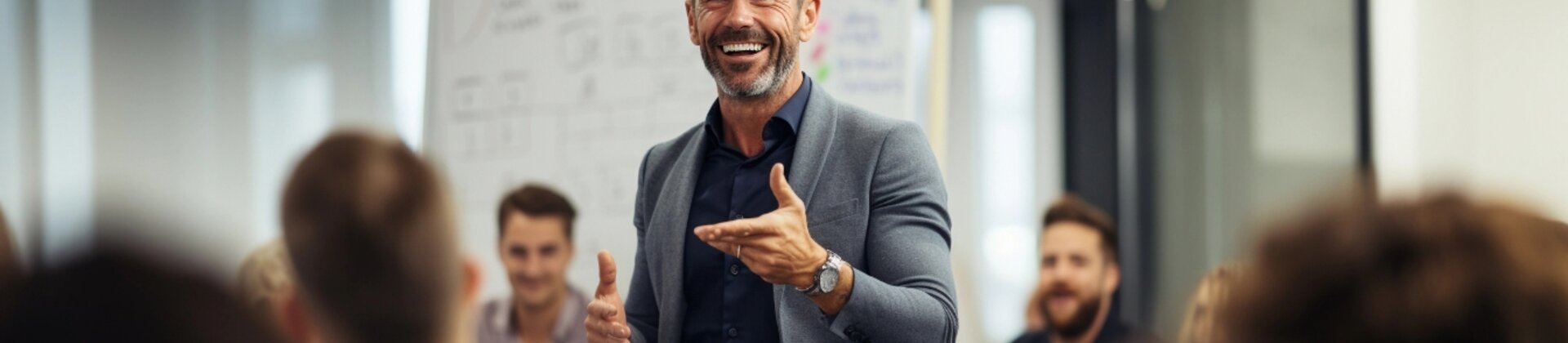 Business-Trainer hält motivierenden Vortrag vor einer Gruppe Teilnehmender im Seminarraum