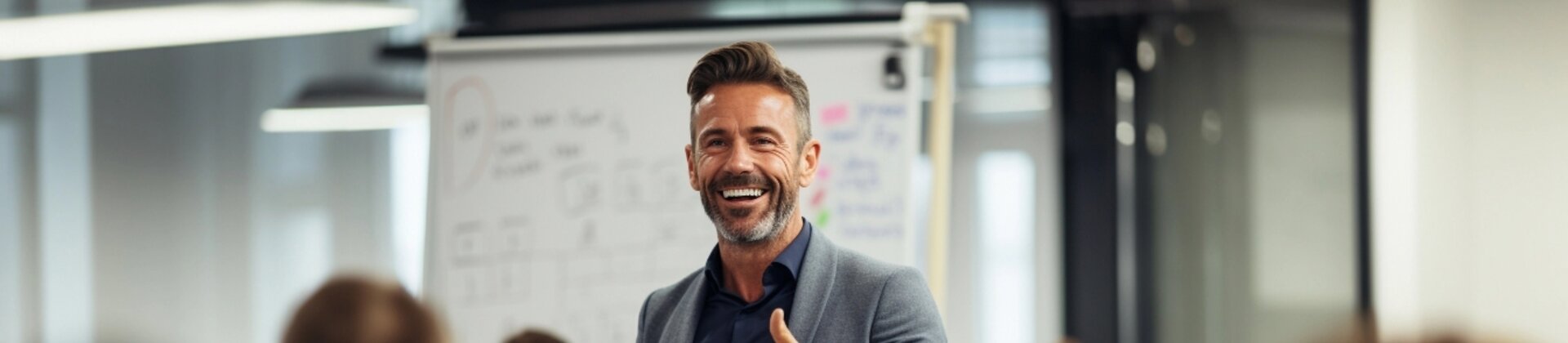 Business-Trainer hält motivierenden Vortrag vor einer Gruppe Teilnehmender im Seminarraum