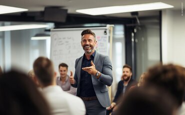 Trainer spricht vor einer Gruppe und vermittelt rhetorische Techniken – Weiterbildung für überzeugendes Auftreten, klare Kommunikation und sicheres Argumentieren.