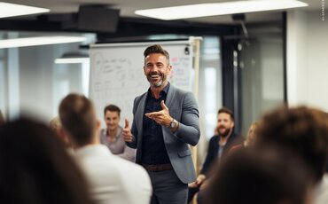 Trainer spricht vor einer Gruppe und erklärt überzeugend Kommunikationsstrategien – praxisnahe Weiterbildung in Rhetorik und Präsentationstechnik für mehr Wirkung im Berufsalltag.