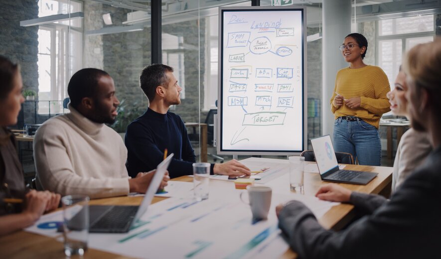 teammeeting präsentation am flipchart und gemeinsame projektplanung