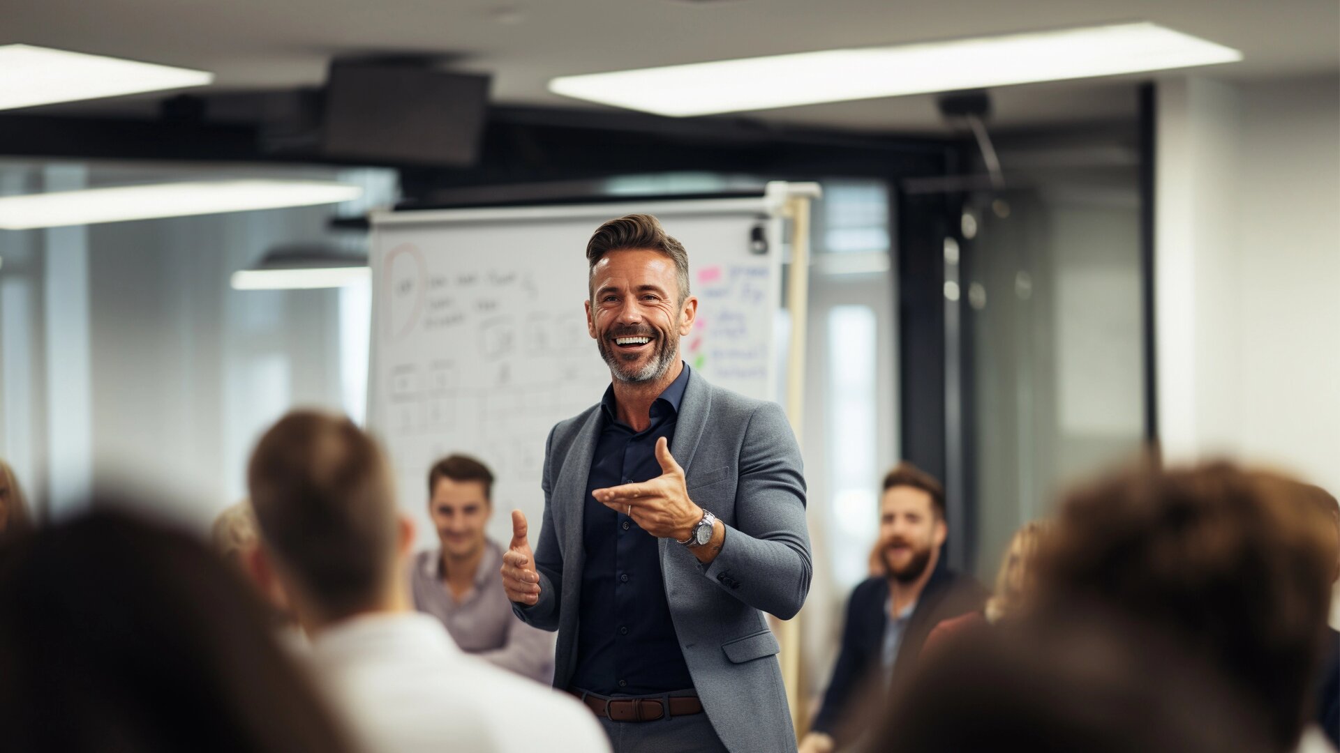 Business-Trainer hält motivierenden Vortrag vor einer Gruppe von Seminarteilnehmenden