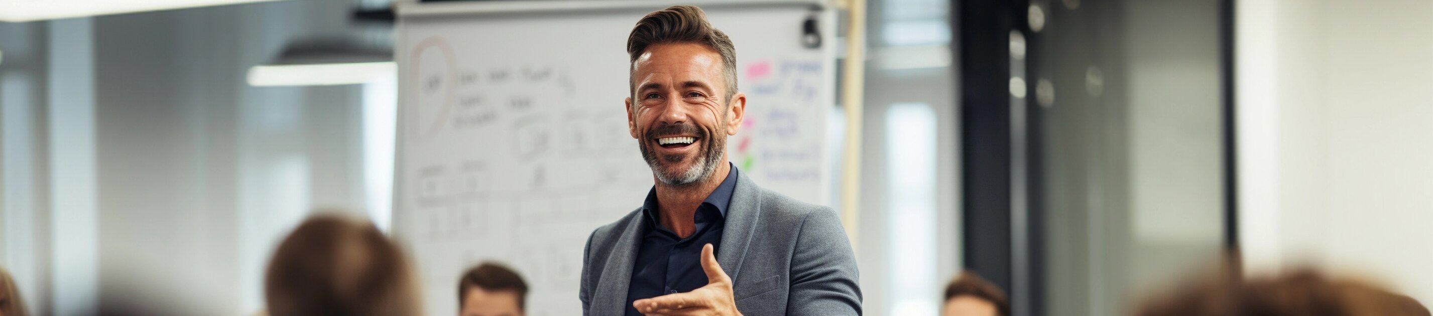 Business-Trainer hält motivierenden Vortrag vor einer Gruppe von Seminarteilnehmenden