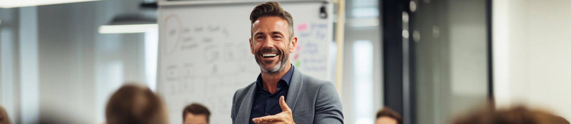 Business-Trainer hält motivierenden Vortrag vor einer Gruppe von Seminarteilnehmenden