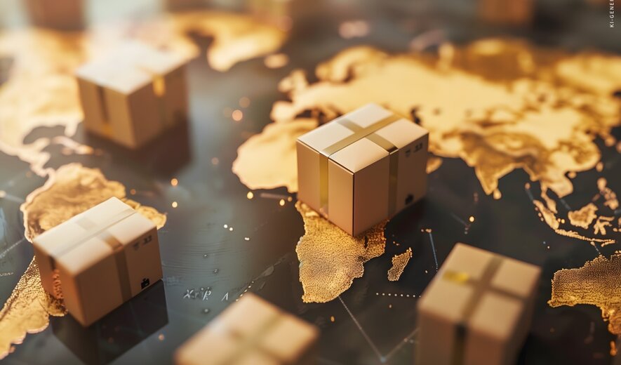 Globale Logistik: Versandpakete auf einer Weltkarte als Symbol für internationalen Handel und Lieferketten.