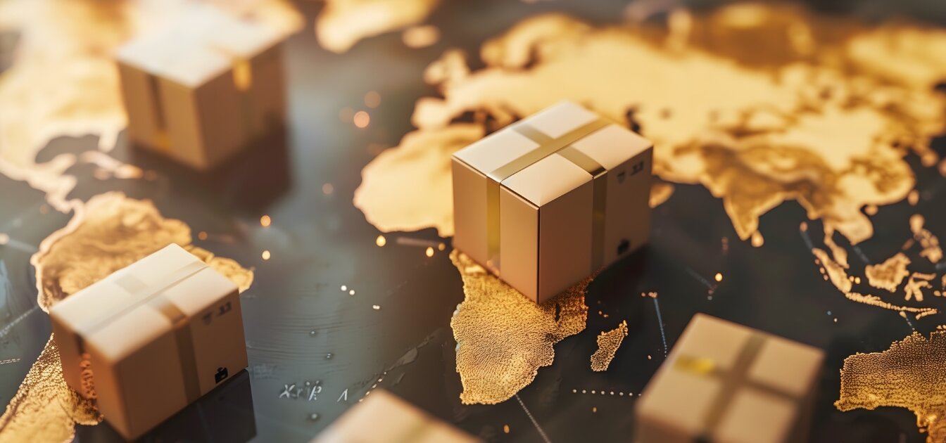 Globale Logistik: Versandpakete auf einer Weltkarte als Symbol für internationalen Handel und Lieferketten.
