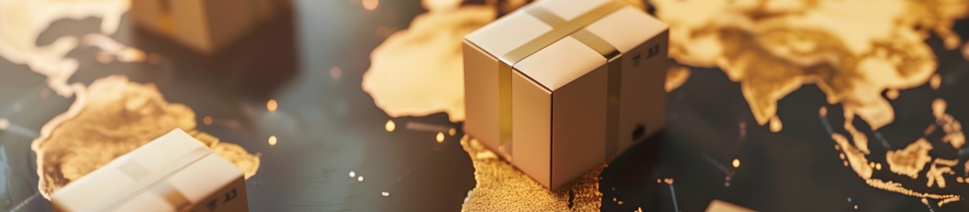 Globale Logistik: Versandpakete auf einer Weltkarte als Symbol für internationalen Handel und Lieferketten.