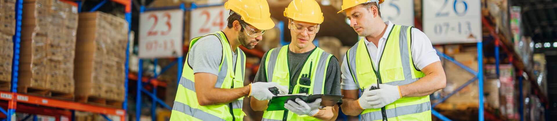 Drei Lagerarbeiter mit Sicherheitswesten und Helmen prüfen gemeinsam ein Tablet in einem großen, gut beleuchteten Warenlager