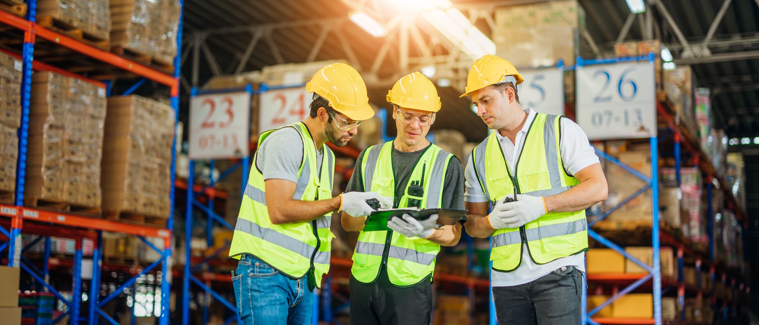 Drei Logistikfachkräfte mit Warnwesten und Tablet in einem Lager – Symbol für praxisnahe IHK-Weiterbildungen im Bereich Zoll, Export und Außenhandel.
